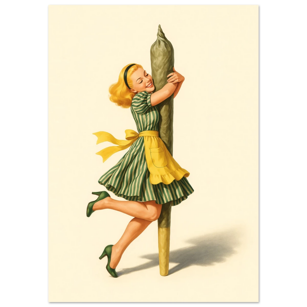 Vintage-style illustration of a woman in a green dress with a yellow skirt hugging a large green cannabis cigarette.