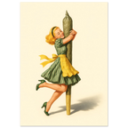Vintage-style illustration of a woman in a green dress with a yellow skirt hugging a large green cannabis cigarette.