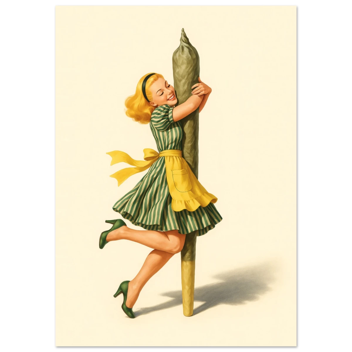Vintage-style illustration of a woman in a green dress with a yellow skirt hugging a large green cannabis cigarette.