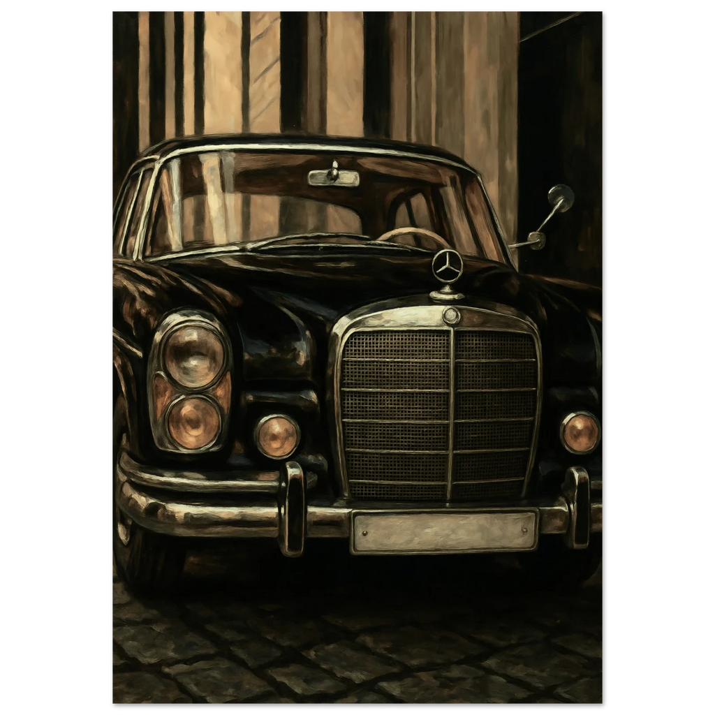 Vintage Mercedes-Benz car with a grille and emblem in front, set against a textured wall.