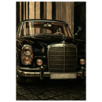 Vintage Mercedes-Benz car with a grille and emblem in front, set against a textured wall.