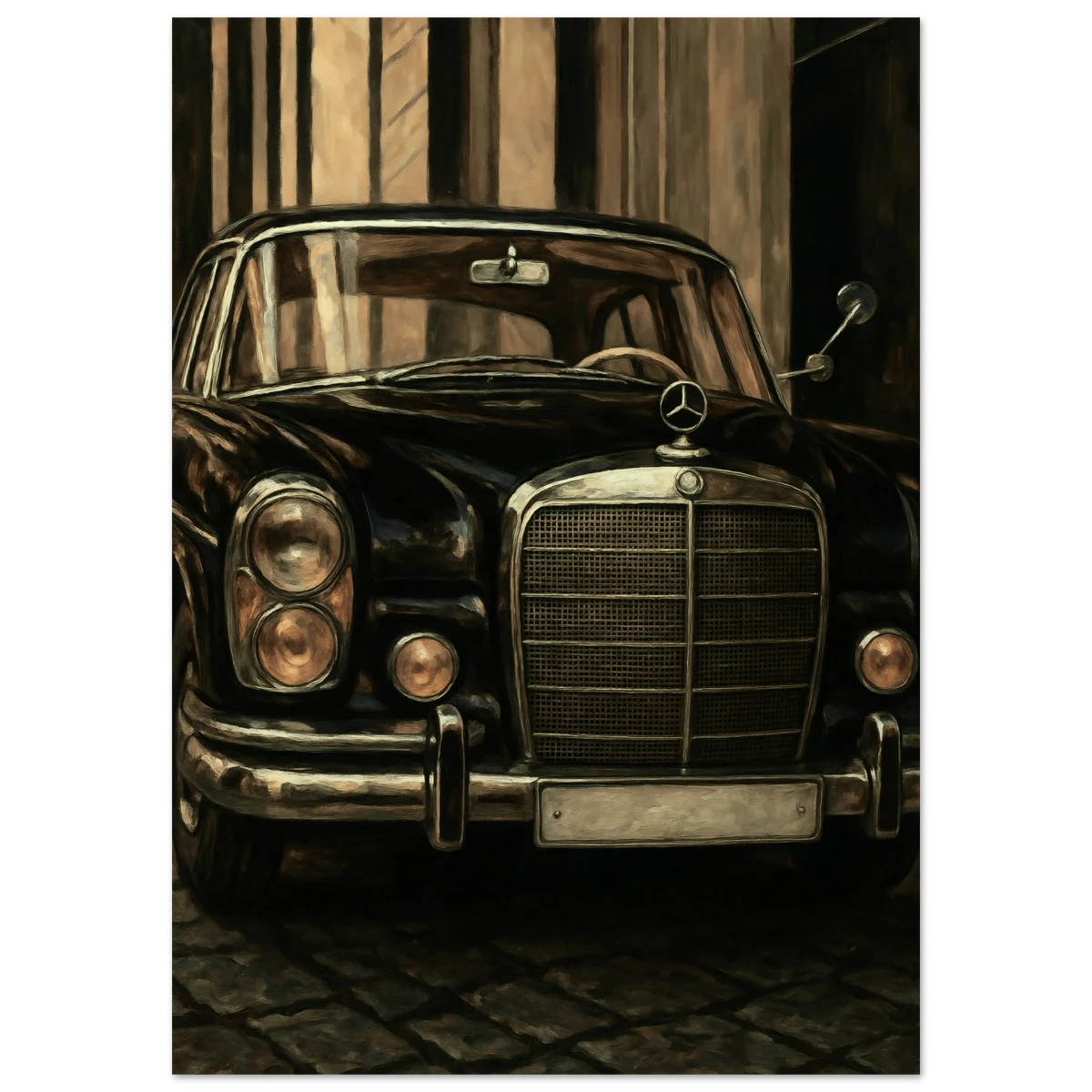 Vintage Mercedes-Benz car with a grille and emblem in front, set against a textured wall.