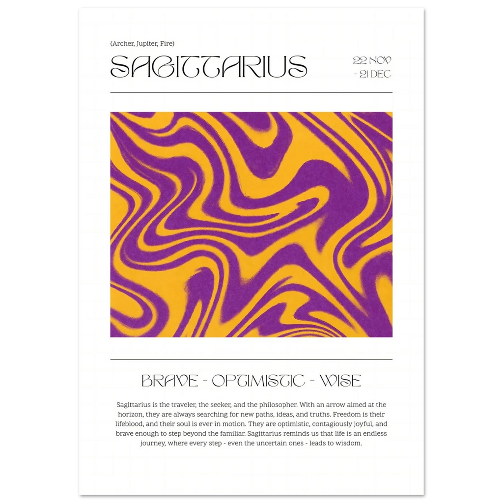 Zodiac sign poster for Sagittarius with purple and yellow abstract design on a white background.