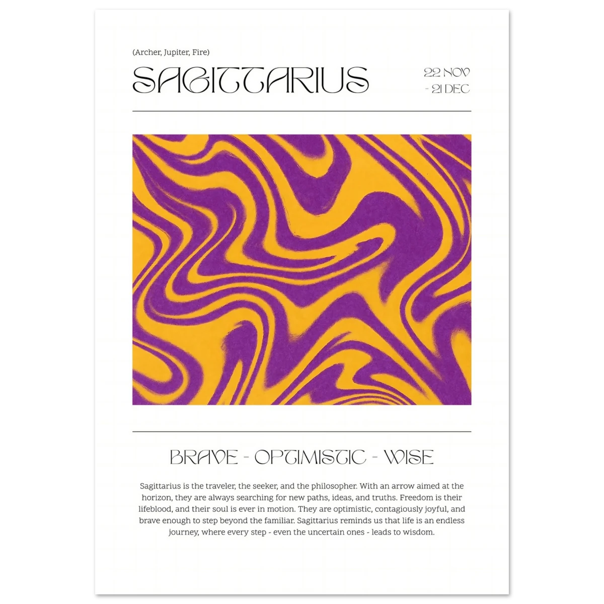 Zodiac sign poster for Sagittarius with purple and yellow abstract design on a white background.