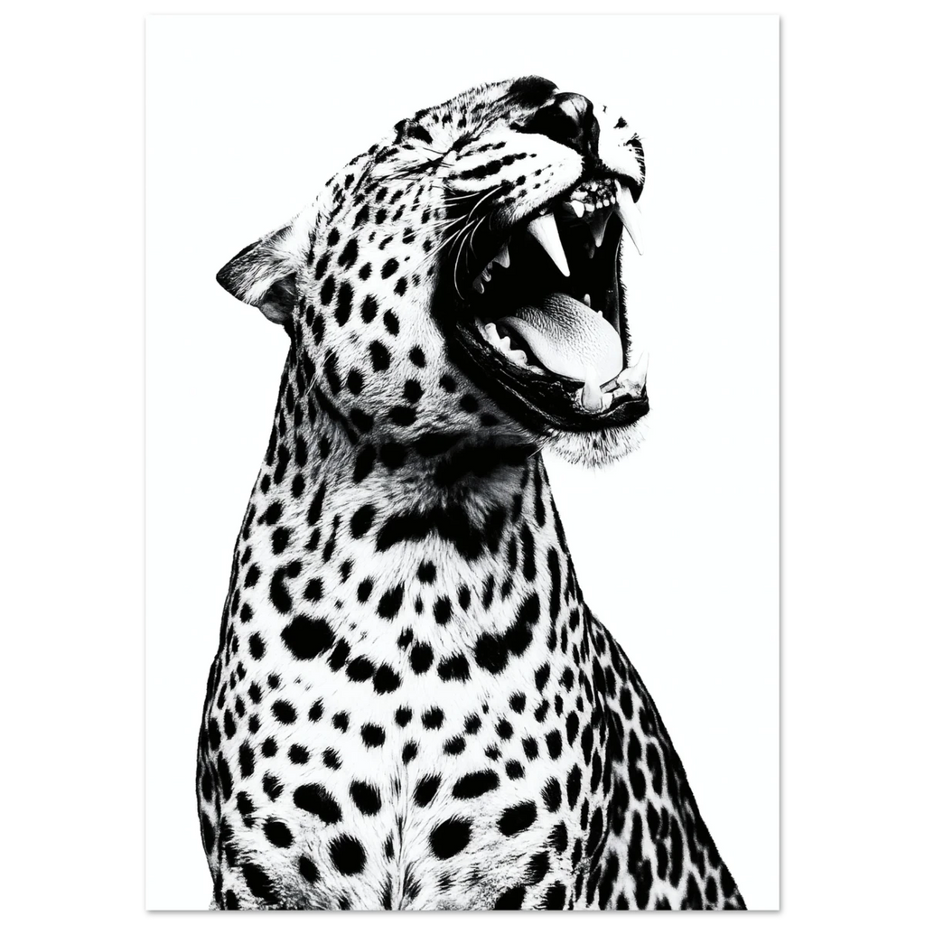 Black and white poster of a roaring leopard on a white background
