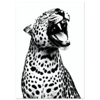 Black and white poster of a roaring leopard on a white background