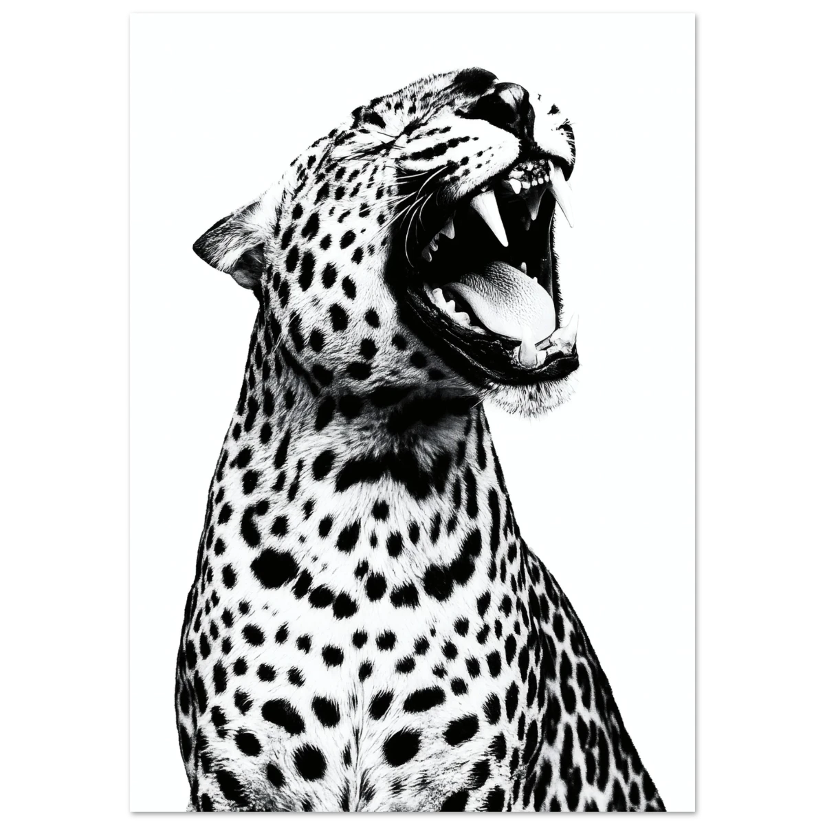 Black and white poster of a roaring leopard on a white background