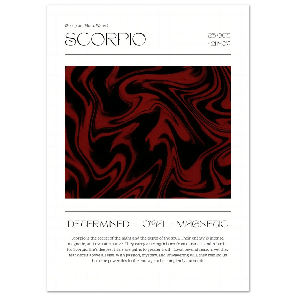 Zodiac sign poster of Scorpio with red and black abstract design on a white background