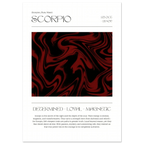 Zodiac sign poster of Scorpio with red and black abstract design on a white background