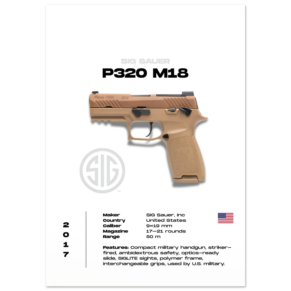 SIG Sauer P320 M18 handgun poster on a white background with product details.