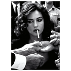 Black and white image of a woman surrounded by hands holding cigarettes.