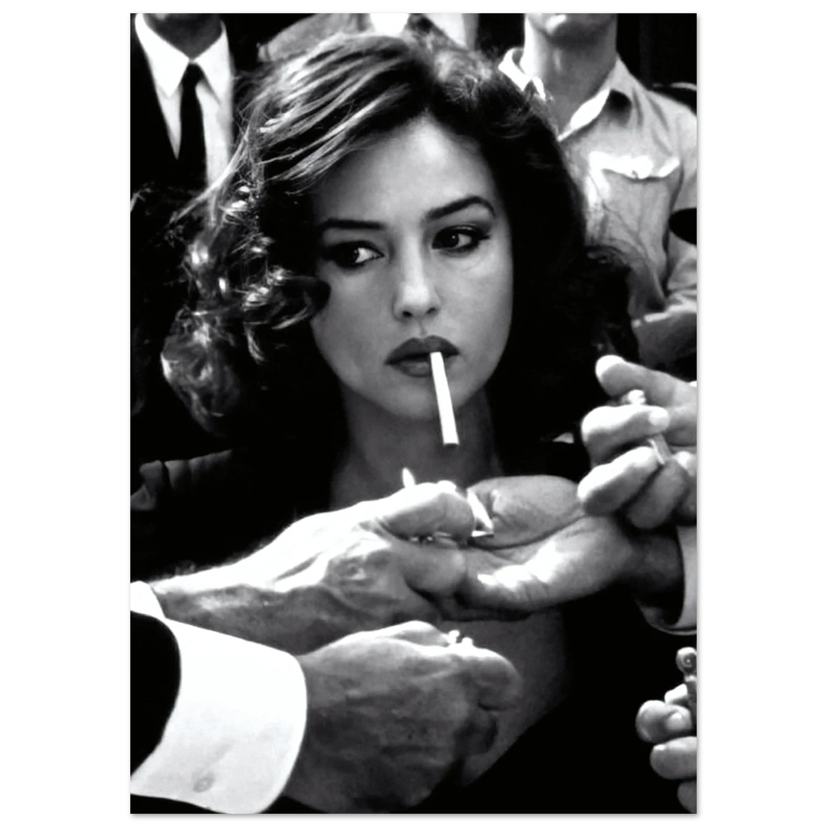 Black and white image of a woman surrounded by hands holding cigarettes.