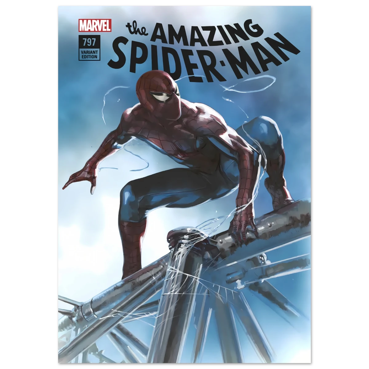 Comic book poster featuring Spider-Man on a web, with Marvel logo and 'The Amazing Spider-Man' title.