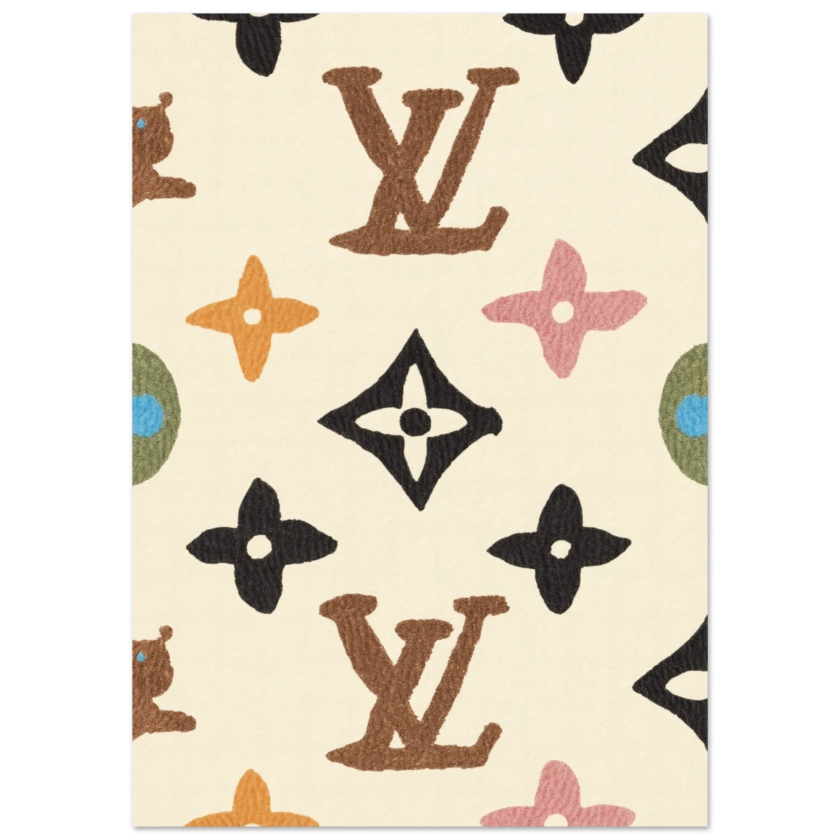 Patterned Louis Vuitton poster with colorful logos with a beige background