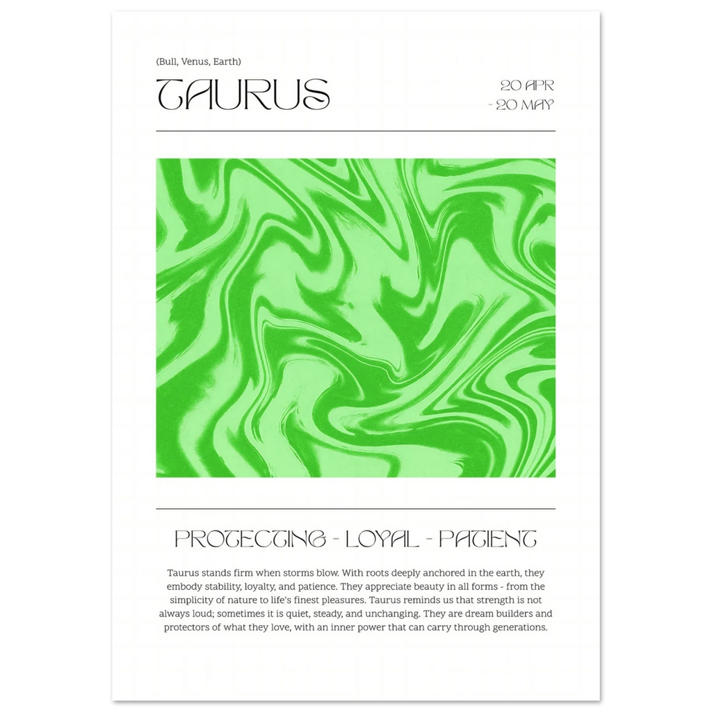 Zodiac card poster for Taurus with green and white marbled design on a white background