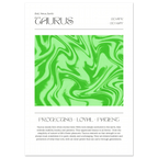 Zodiac card poster for Taurus with green and white marbled design on a white background