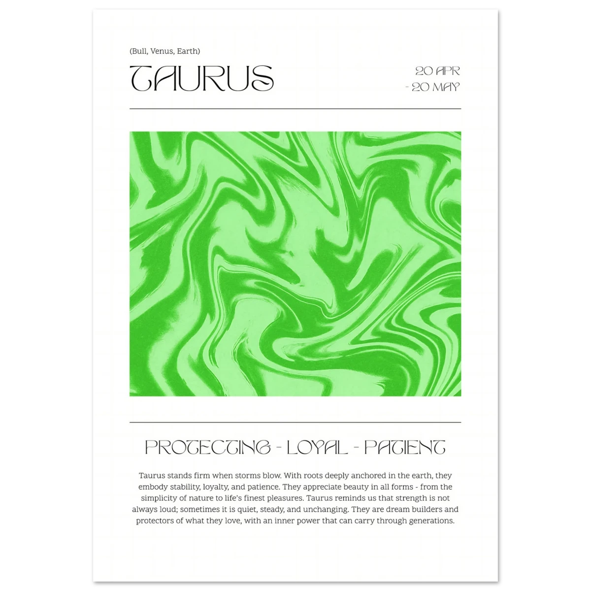 Zodiac card poster for Taurus with green and white marbled design on a white background