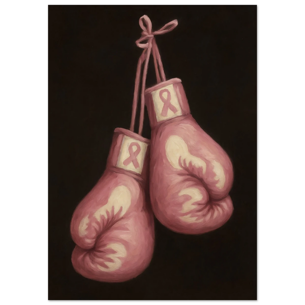 Pink boxing gloves with breast cancer awareness ribbons on a black background