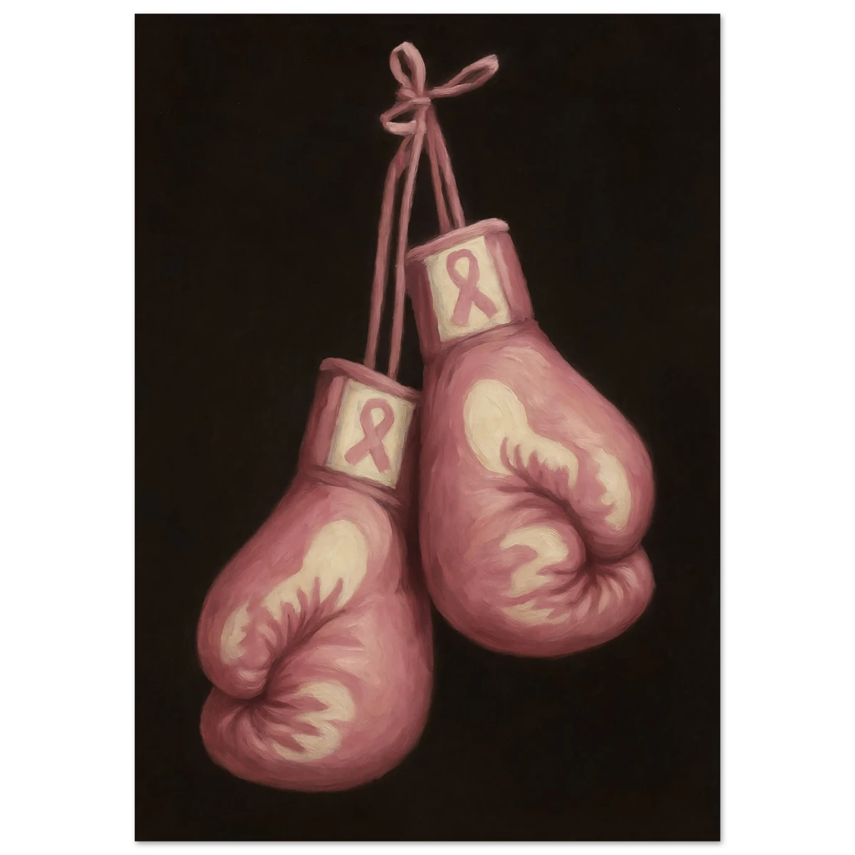 Pink boxing gloves with breast cancer awareness ribbons on a black background