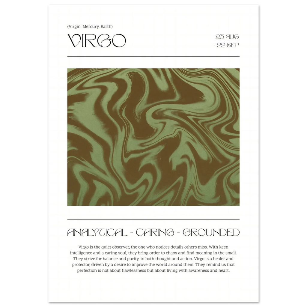 Zodiac card poster for Virgo with marbled design and text on a white background