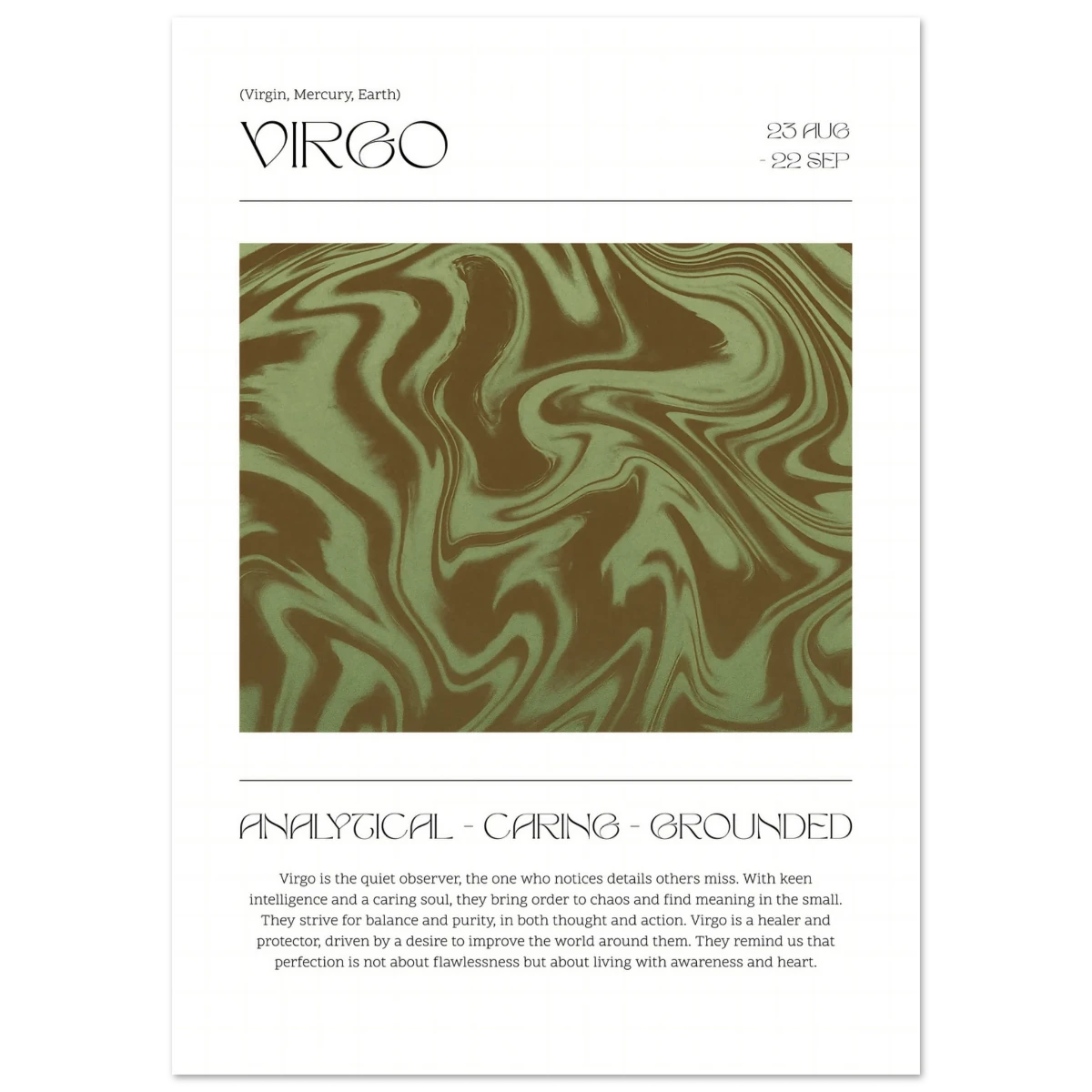 Zodiac card poster for Virgo with marbled design and text on a white background