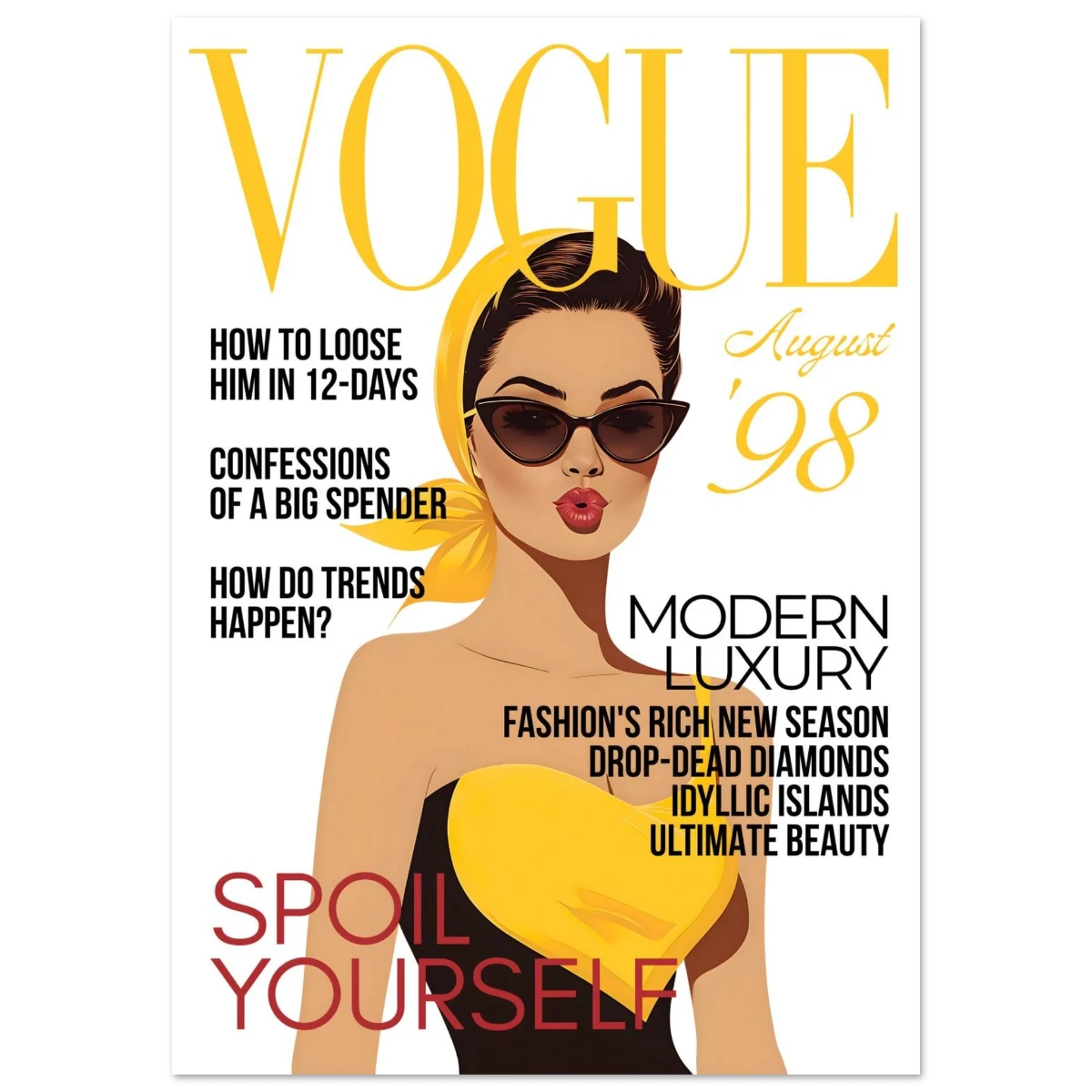 Vogue magazine cover poster from August '98 with a woman wearing sunglasses and a yellow top.