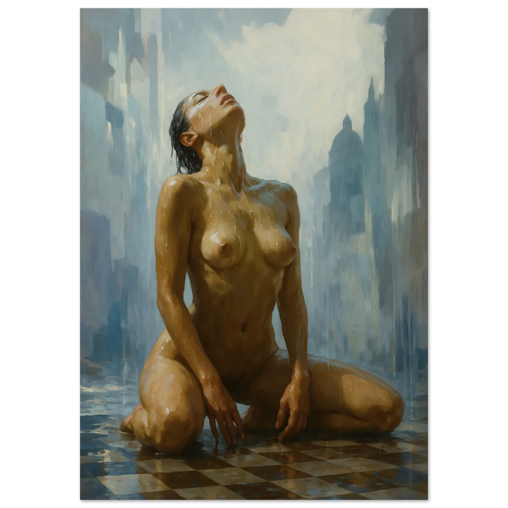 Nude woman sitting on a checkered floor with a cityscape in the background
