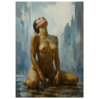 Nude woman sitting on a checkered floor with a cityscape in the background