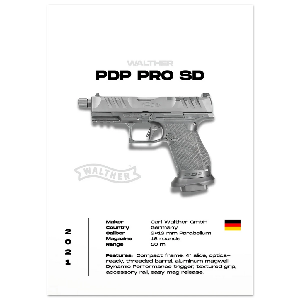 Walther PDP Pro SD gun poster on a white background with product details.