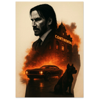 Movie poster with John Wick character in front of a building with 'Continental' sign, car, and dog silhouette.