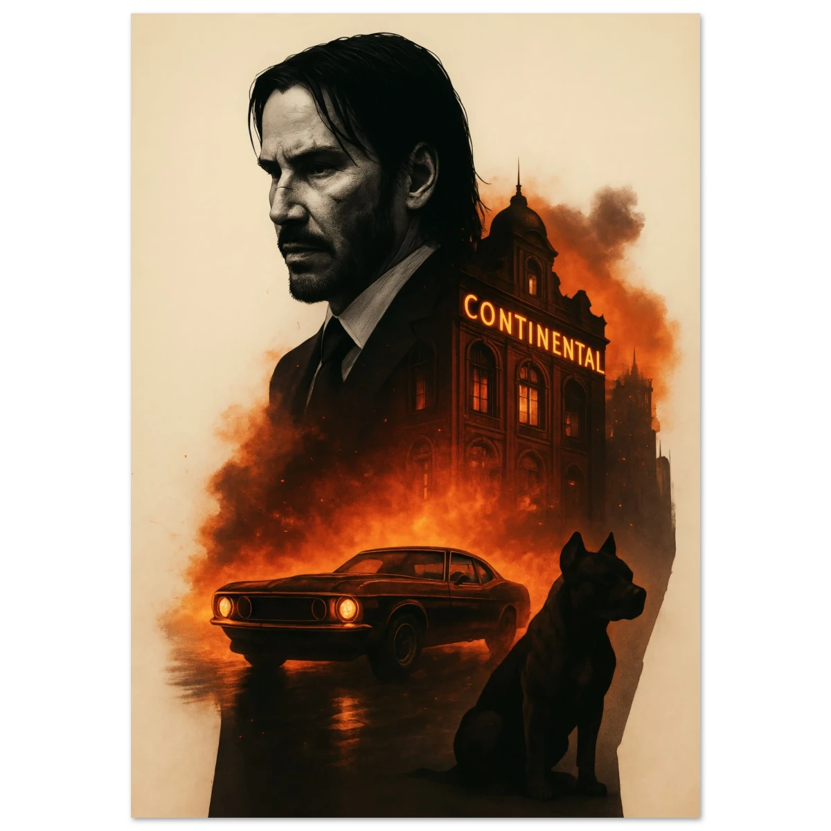 Movie poster with John Wick character in front of a building with 'Continental' sign, car, and dog silhouette.